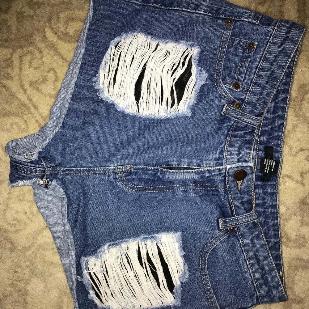 High Waist Medium Wash Distressed Jean Shorts